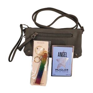 Womens Gray Crossbody Wrist Bag-Universal Thread, Key Chain, Perfume Sample